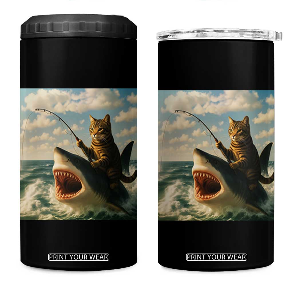 Funny Cat Riding Shark 4 in 1 Can Cooler Tumbler Fishing Fisherman Ocean Lover Humor TS14 One Size: 16 oz Black Print Your Wear