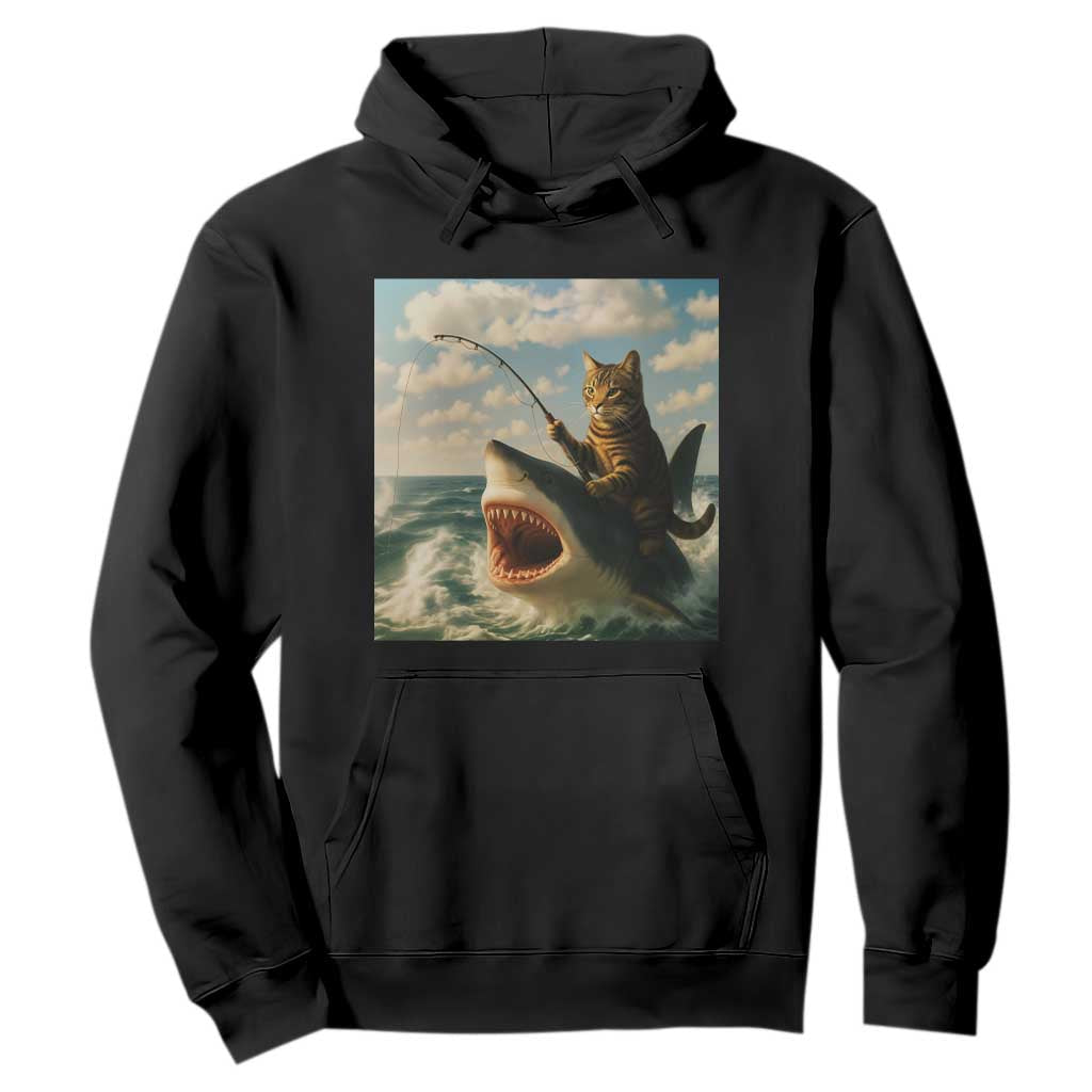 Funny Cat Riding Shark Hoodie Fishing Fisherman Ocean Lover Humor TS14 Black Print Your Wear
