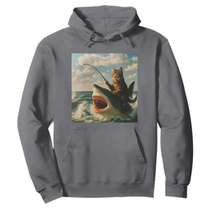 Funny Cat Riding Shark Hoodie Fishing Fisherman Ocean Lover Humor TS14 Charcoal Print Your Wear
