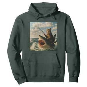 Funny Cat Riding Shark Hoodie Fishing Fisherman Ocean Lover Humor TS14 Dark Forest Green Print Your Wear