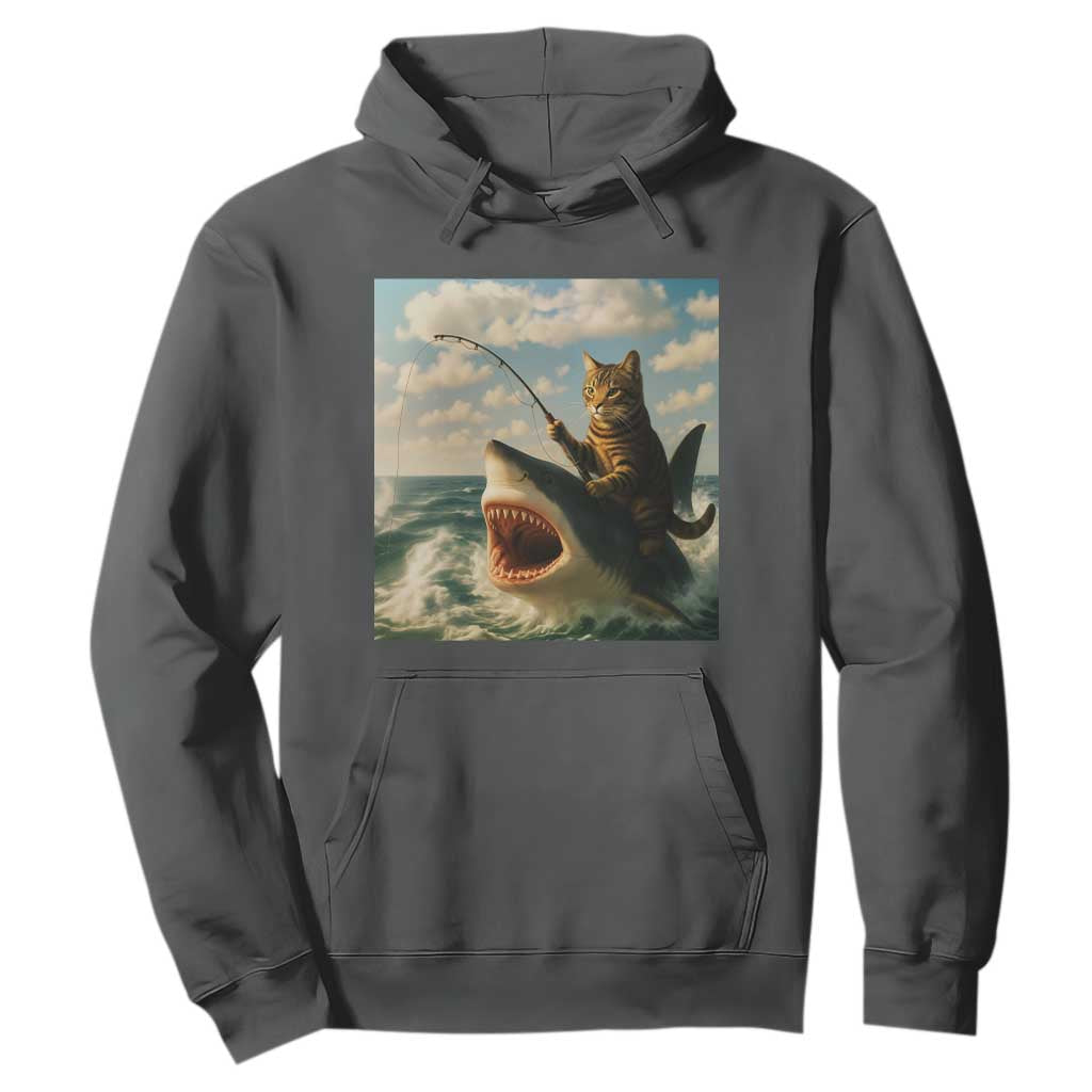 Funny Cat Riding Shark Hoodie Fishing Fisherman Ocean Lover Humor TS14 Dark Heather Print Your Wear