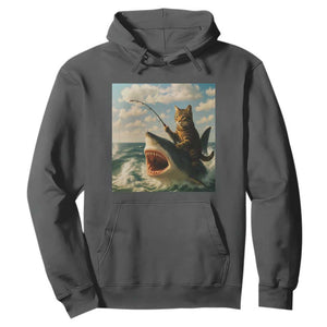 Funny Cat Riding Shark Hoodie Fishing Fisherman Ocean Lover Humor TS14 Dark Heather Print Your Wear