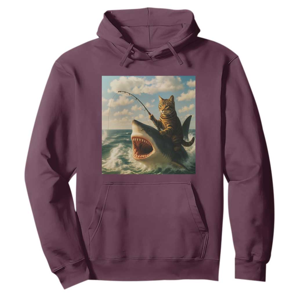 Funny Cat Riding Shark Hoodie Fishing Fisherman Ocean Lover Humor TS14 Maroon Print Your Wear
