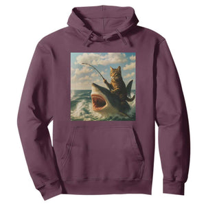 Funny Cat Riding Shark Hoodie Fishing Fisherman Ocean Lover Humor TS14 Maroon Print Your Wear