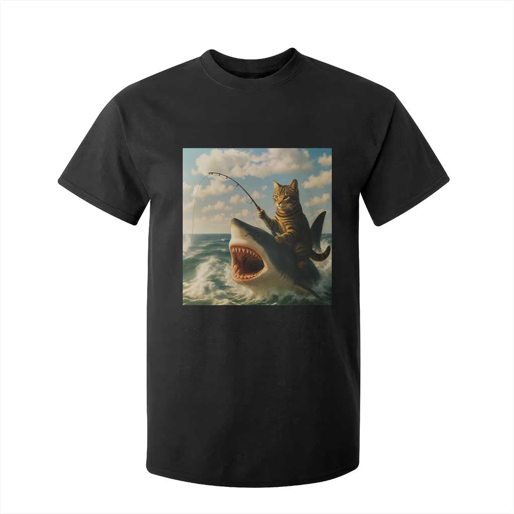 Funny Cat Riding Shark T Shirt For Kid Fishing Fisherman Ocean Lover Humor TS14 Black Print Your Wear