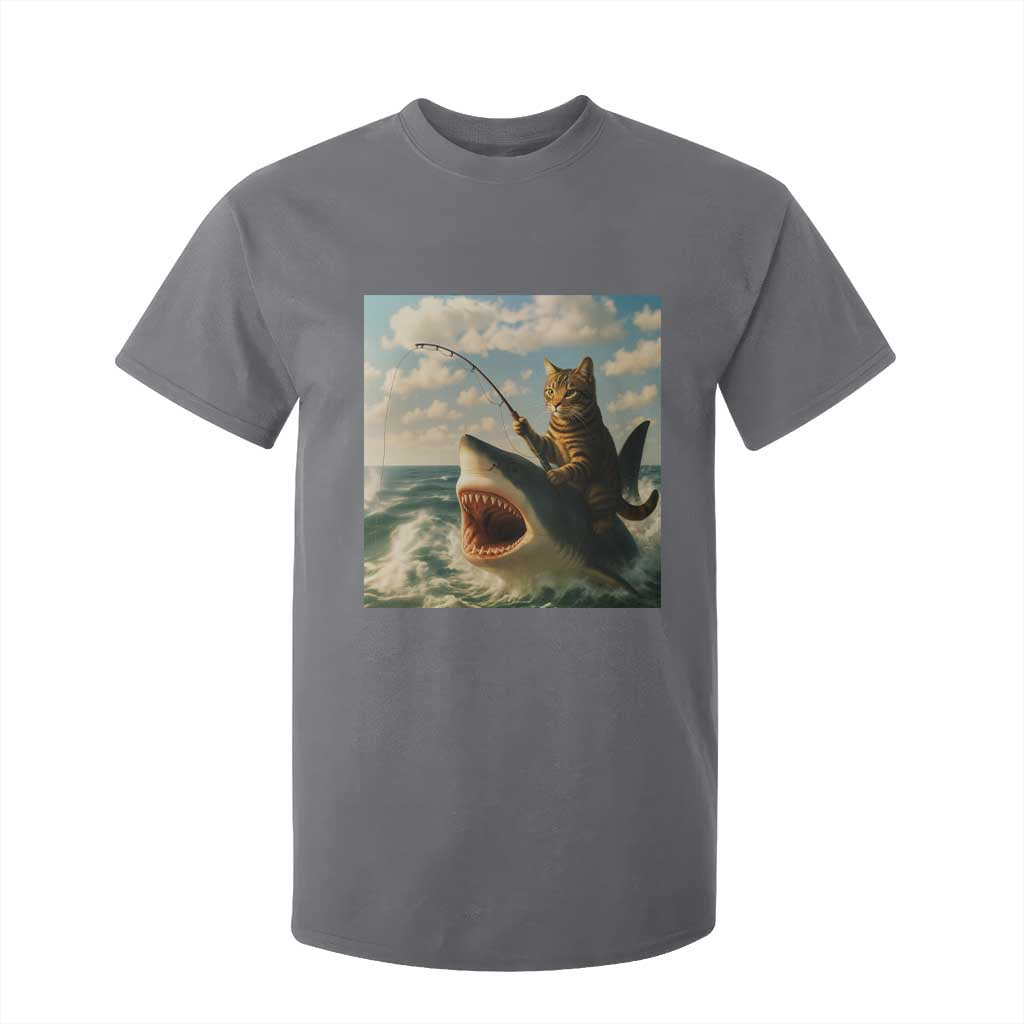 Funny Cat Riding Shark T Shirt For Kid Fishing Fisherman Ocean Lover Humor TS14 Charcoal Print Your Wear