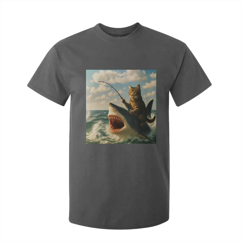 Funny Cat Riding Shark T Shirt For Kid Fishing Fisherman Ocean Lover Humor TS14 Dark Heather Print Your Wear