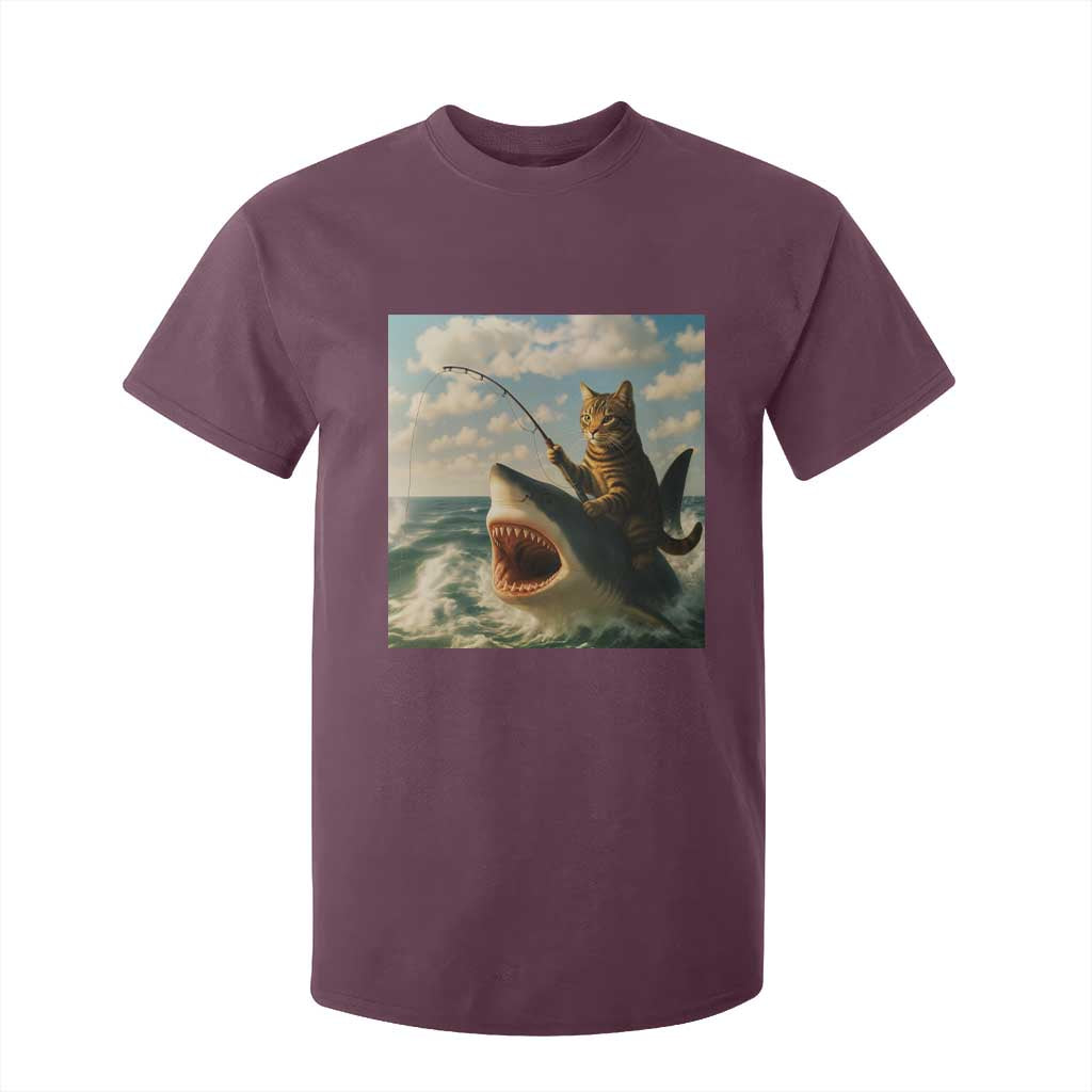 Funny Cat Riding Shark T Shirt For Kid Fishing Fisherman Ocean Lover Humor TS14 Maroon Print Your Wear