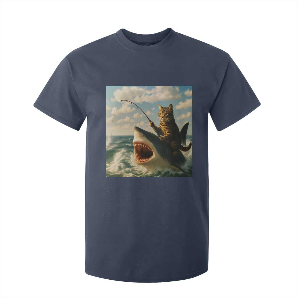 Funny Cat Riding Shark T Shirt For Kid Fishing Fisherman Ocean Lover Humor TS14 Navy Print Your Wear