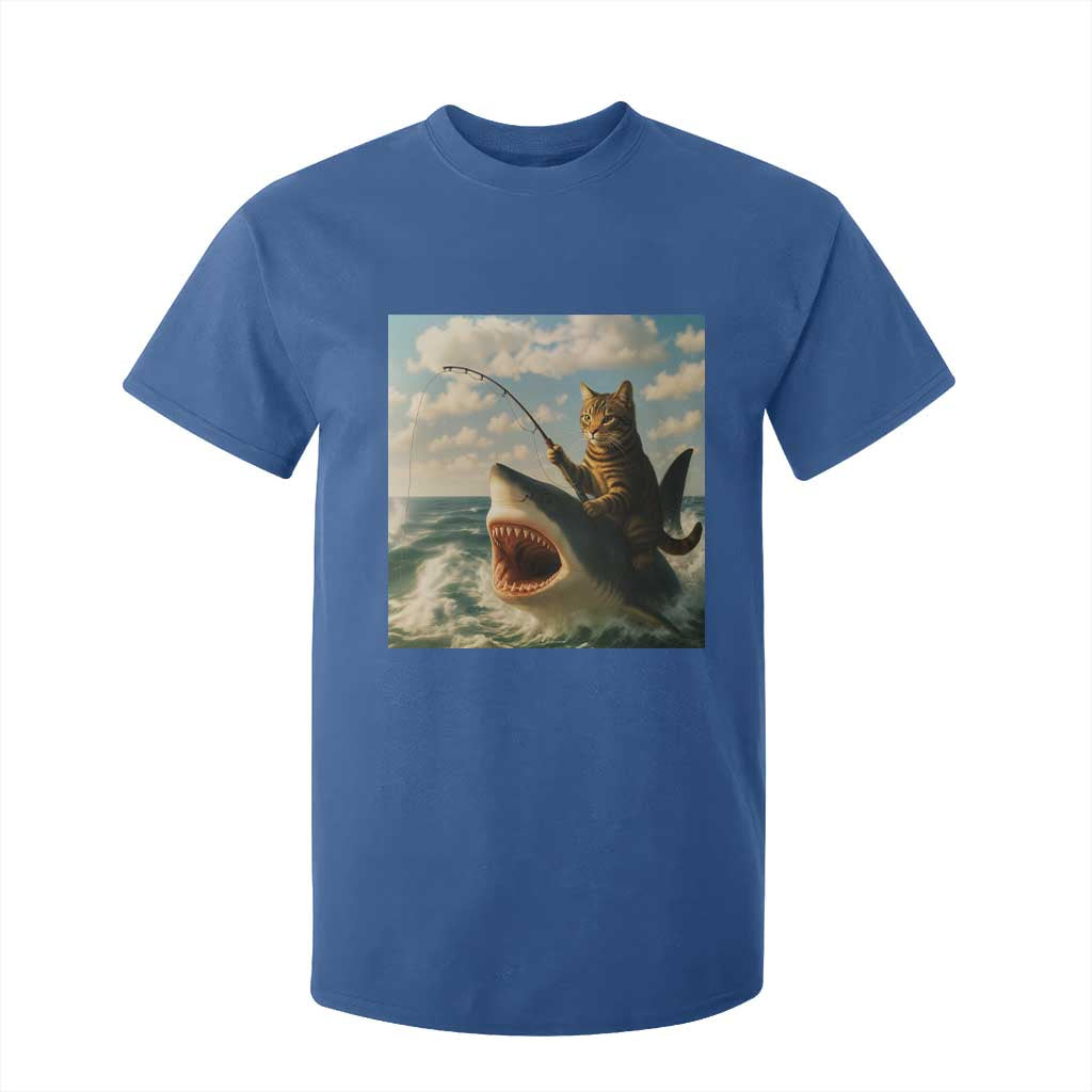 Funny Cat Riding Shark T Shirt For Kid Fishing Fisherman Ocean Lover Humor TS14 Royal Blue Print Your Wear