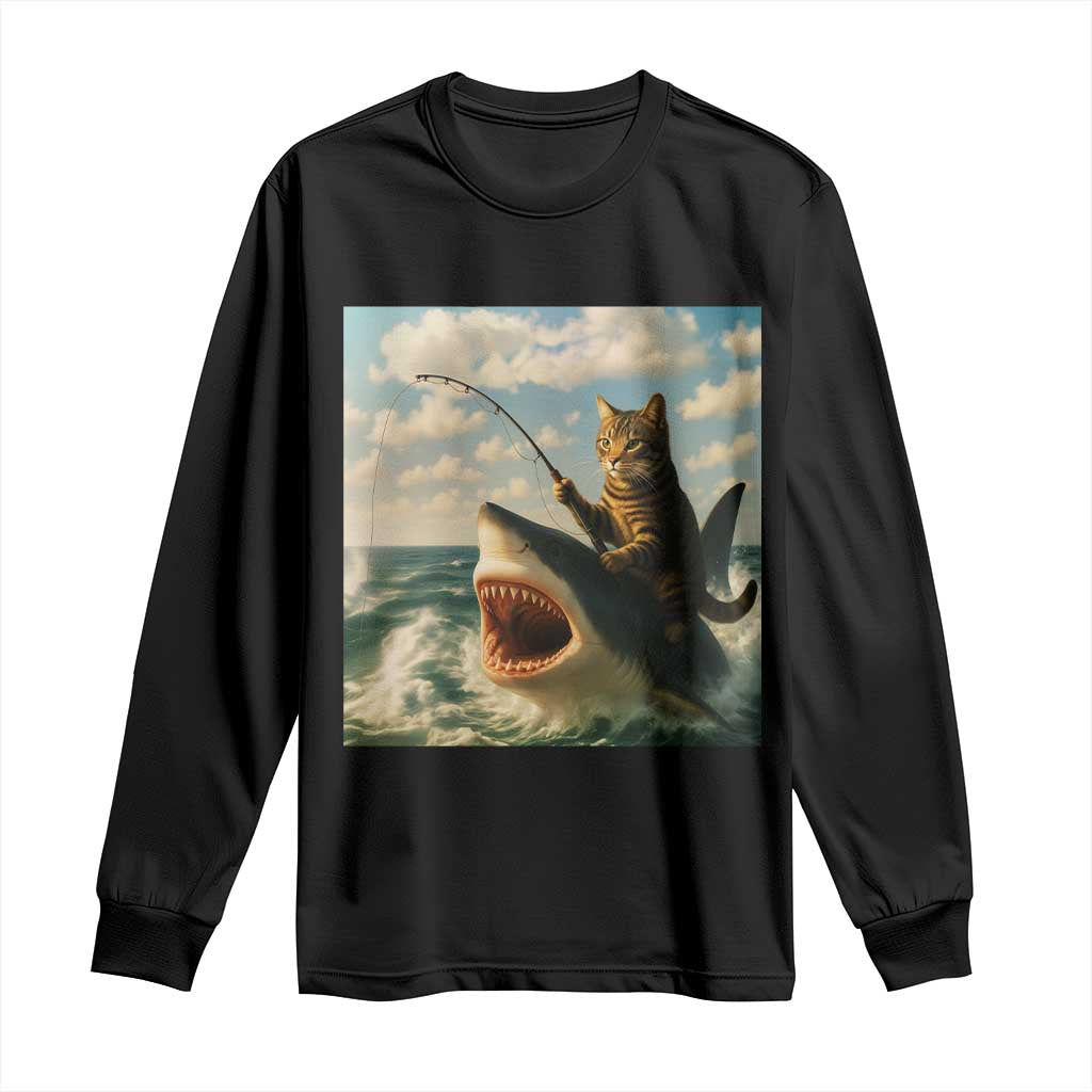Funny Cat Riding Shark Long Sleeve Shirt Fishing Fisherman Ocean Lover Humor TS14 Black Print Your Wear