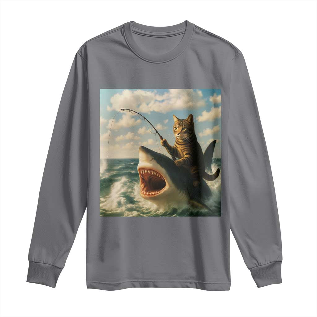 Funny Cat Riding Shark Long Sleeve Shirt Fishing Fisherman Ocean Lover Humor TS14 Charcoal Print Your Wear