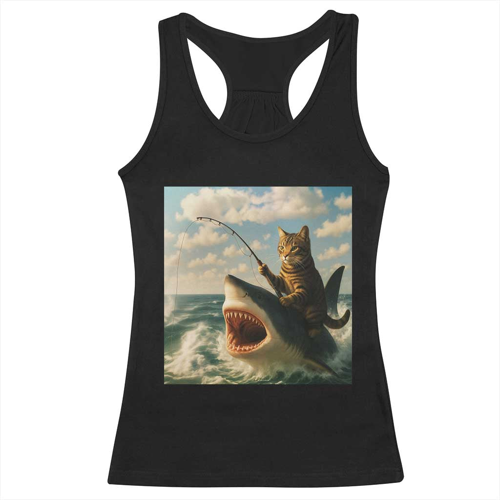 Funny Cat Riding Shark Racerback Tank Top Fishing Fisherman Ocean Lover Humor TS14 Black Print Your Wear