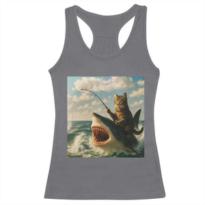Funny Cat Riding Shark Racerback Tank Top Fishing Fisherman Ocean Lover Humor TS14 Charcoal Print Your Wear