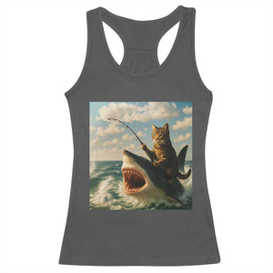 Funny Cat Riding Shark Racerback Tank Top Fishing Fisherman Ocean Lover Humor TS14 Dark Heather Print Your Wear
