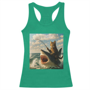 Funny Cat Riding Shark Racerback Tank Top Fishing Fisherman Ocean Lover Humor TS14 Irish Green Print Your Wear