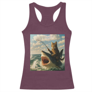 Funny Cat Riding Shark Racerback Tank Top Fishing Fisherman Ocean Lover Humor TS14 Maroon Print Your Wear