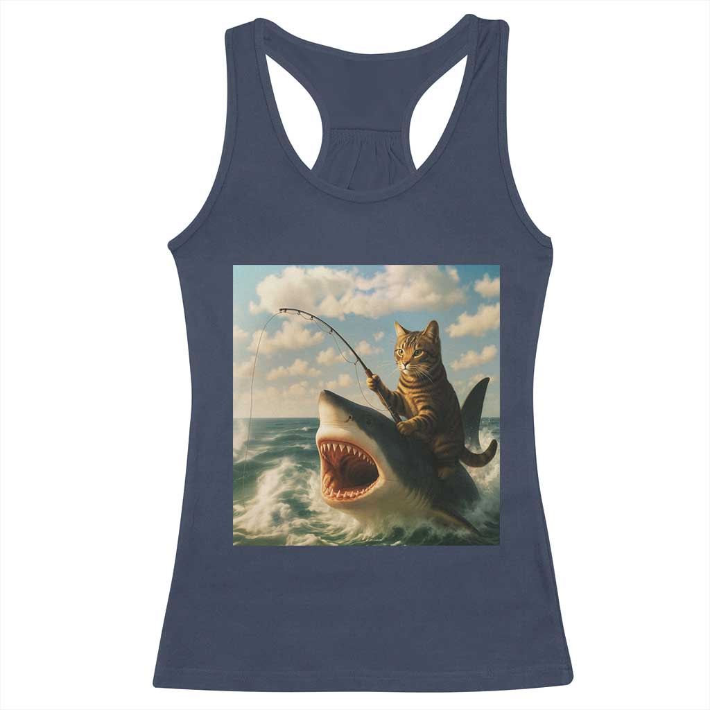 Funny Cat Riding Shark Racerback Tank Top Fishing Fisherman Ocean Lover Humor TS14 Navy Print Your Wear