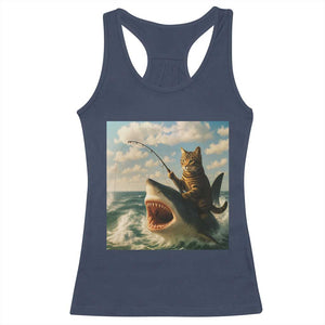 Funny Cat Riding Shark Racerback Tank Top Fishing Fisherman Ocean Lover Humor TS14 Navy Print Your Wear