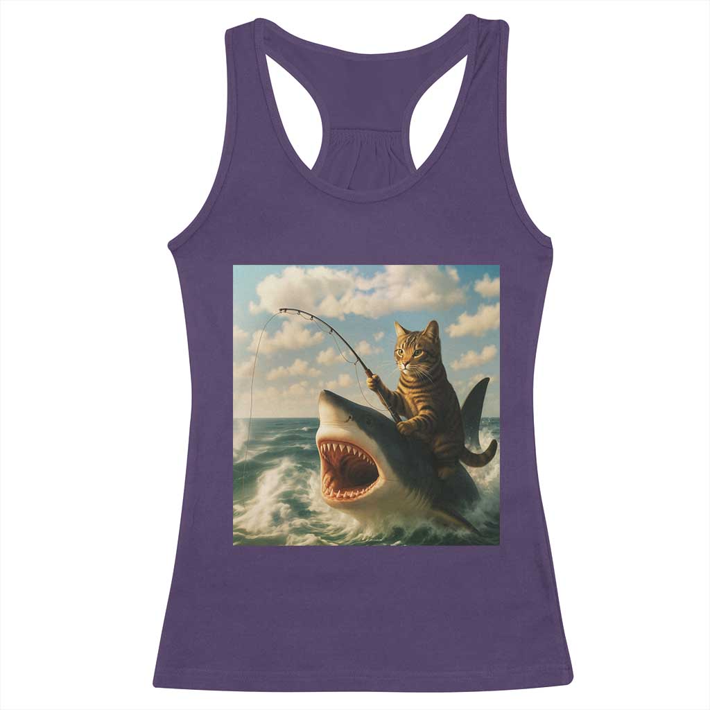 Funny Cat Riding Shark Racerback Tank Top Fishing Fisherman Ocean Lover Humor TS14 Purple Print Your Wear