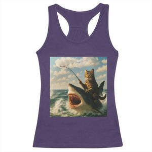 Funny Cat Riding Shark Racerback Tank Top Fishing Fisherman Ocean Lover Humor TS14 Purple Print Your Wear
