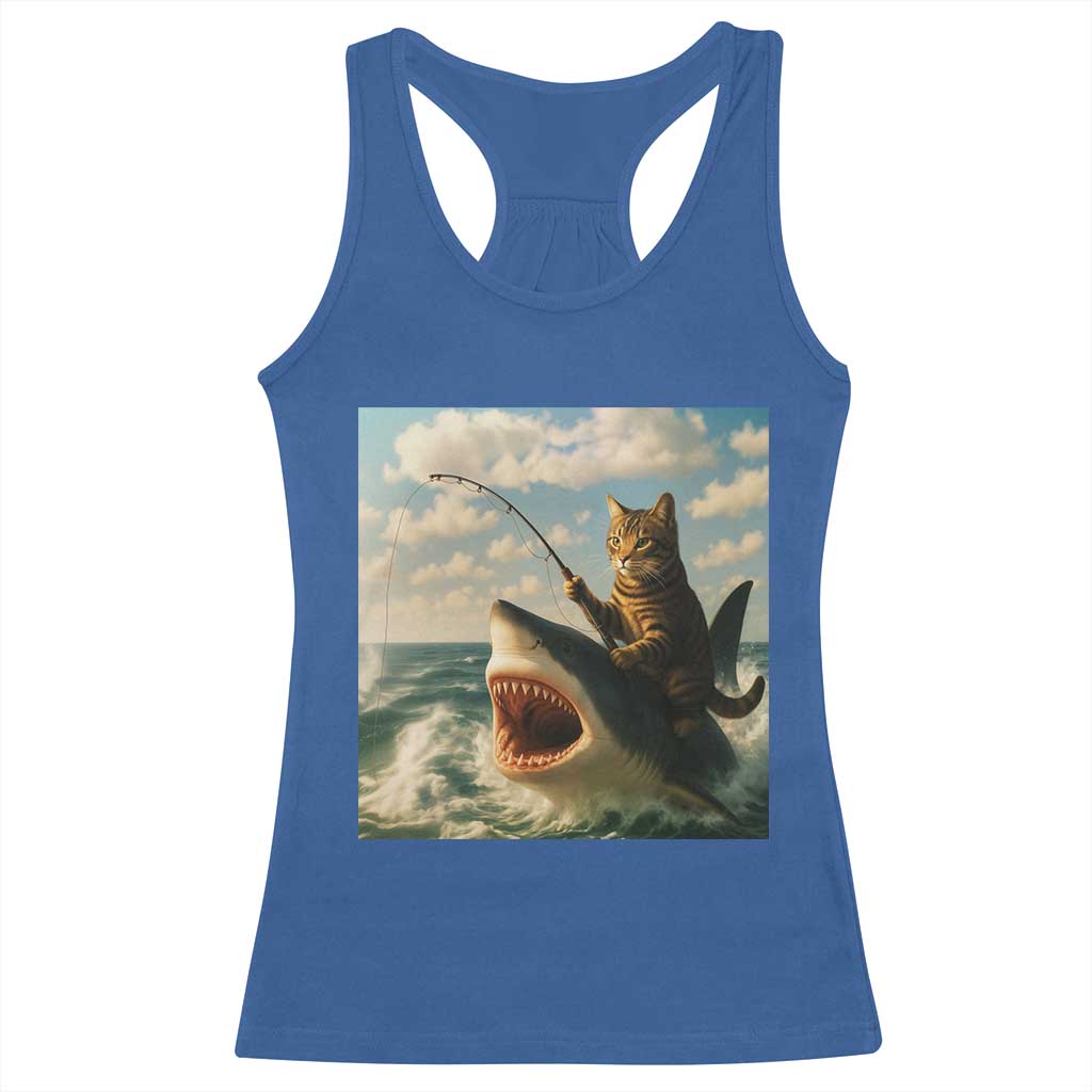 Funny Cat Riding Shark Racerback Tank Top Fishing Fisherman Ocean Lover Humor TS14 Royal Blue Print Your Wear