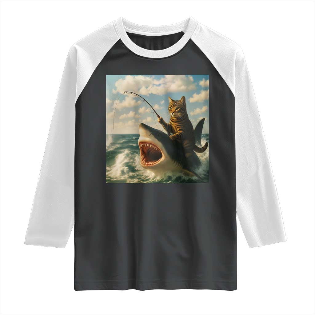 Funny Cat Riding Shark Raglan Shirt Fishing Fisherman Ocean Lover Humor TS14 Black White Print Your Wear