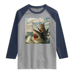 Funny Cat Riding Shark Raglan Shirt Fishing Fisherman Ocean Lover Humor TS14 Sport Gray Navy Print Your Wear