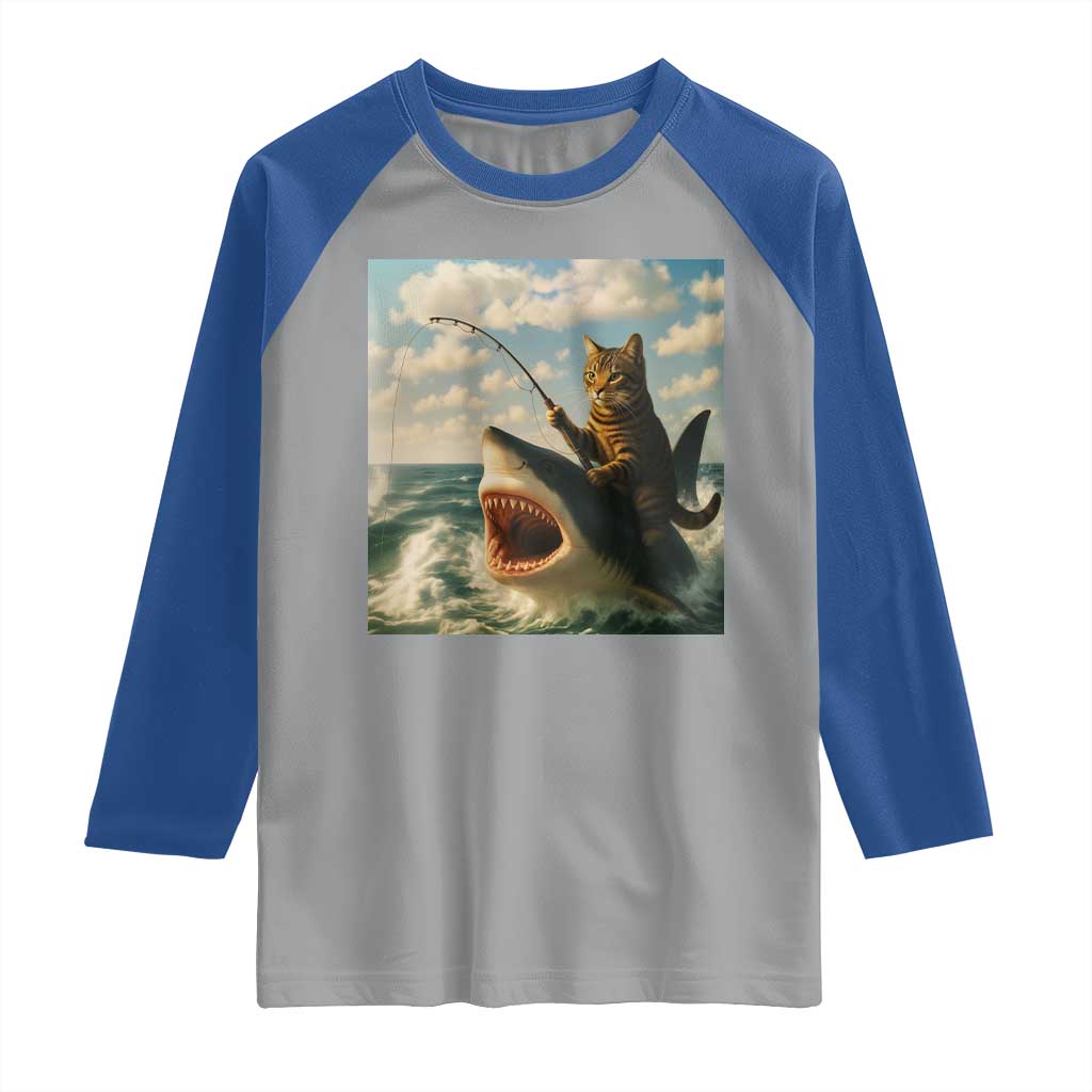 Funny Cat Riding Shark Raglan Shirt Fishing Fisherman Ocean Lover Humor TS14 Sport Gray Royal Print Your Wear