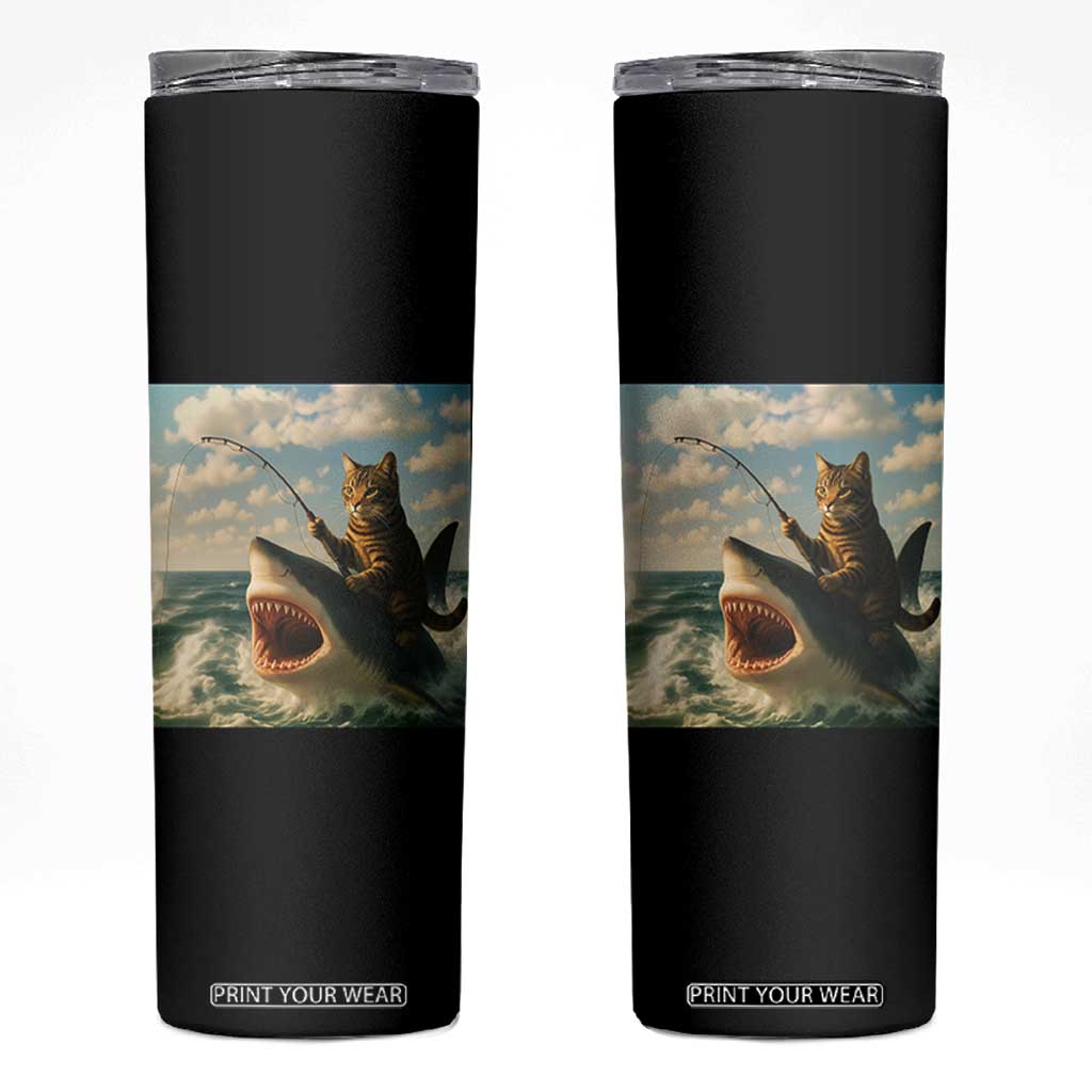 Funny Cat Riding Shark Skinny Tumbler Fishing Fisherman Ocean Lover Humor TS14 Black Print Your Wear