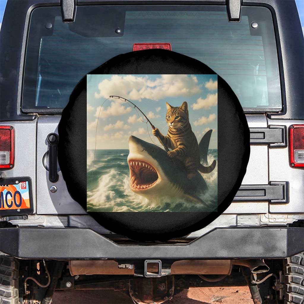 Funny Cat Riding Shark Spare Tire Cover Fishing Fisherman Ocean Lover Humor TS14 No hole Black Print Your Wear