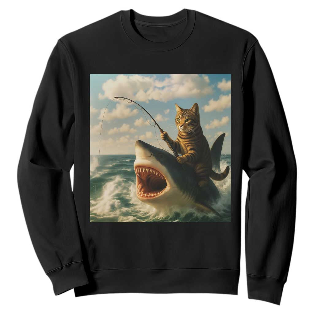 Funny Cat Riding Shark Sweatshirt Fishing Fisherman Ocean Lover Humor TS14 Black Print Your Wear