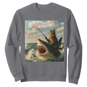 Funny Cat Riding Shark Sweatshirt Fishing Fisherman Ocean Lover Humor TS14 Charcoal Print Your Wear