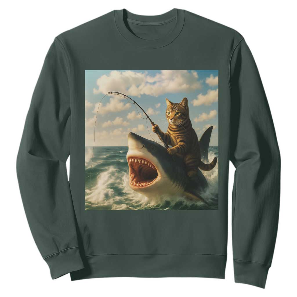 Funny Cat Riding Shark Sweatshirt Fishing Fisherman Ocean Lover Humor TS14 Dark Forest Green Print Your Wear