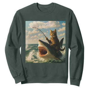Funny Cat Riding Shark Sweatshirt Fishing Fisherman Ocean Lover Humor TS14 Dark Forest Green Print Your Wear