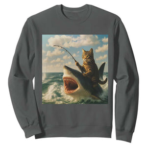 Funny Cat Riding Shark Sweatshirt Fishing Fisherman Ocean Lover Humor TS14 Dark Heather Print Your Wear