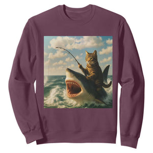 Funny Cat Riding Shark Sweatshirt Fishing Fisherman Ocean Lover Humor TS14 Maroon Print Your Wear