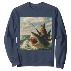 Funny Cat Riding Shark Sweatshirt Fishing Fisherman Ocean Lover Humor TS14 Navy Print Your Wear