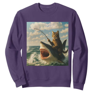 Funny Cat Riding Shark Sweatshirt Fishing Fisherman Ocean Lover Humor TS14 Purple Print Your Wear