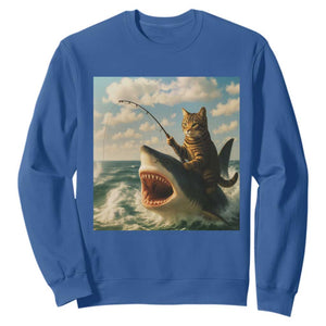 Funny Cat Riding Shark Sweatshirt Fishing Fisherman Ocean Lover Humor TS14 Royal Blue Print Your Wear