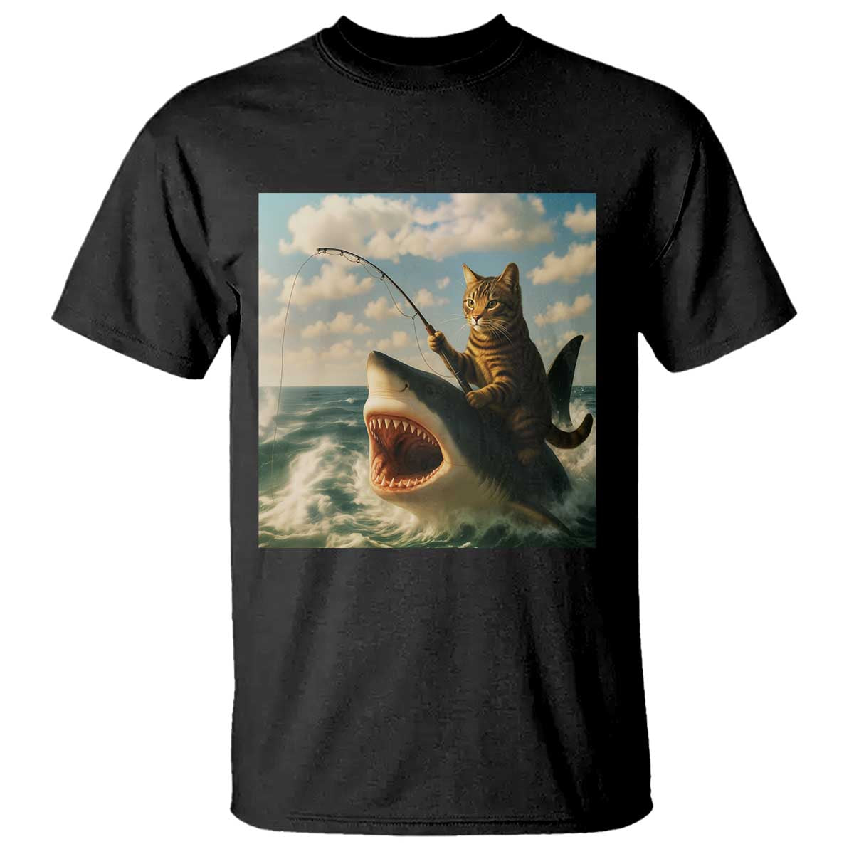 Funny Cat Riding Shark T Shirt Fishing Fisherman Ocean Lover Humor TS14 Black Print Your Wear