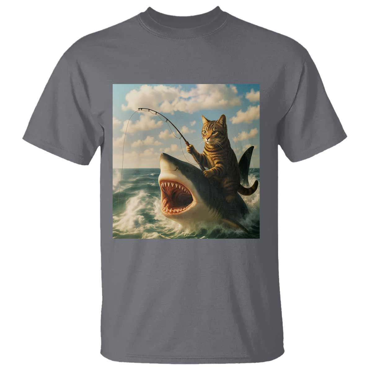 Funny Cat Riding Shark T Shirt Fishing Fisherman Ocean Lover Humor TS14 Charcoal Print Your Wear