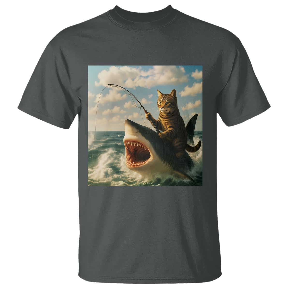 Funny Cat Riding Shark T Shirt Fishing Fisherman Ocean Lover Humor TS14 Dark Heather Print Your Wear