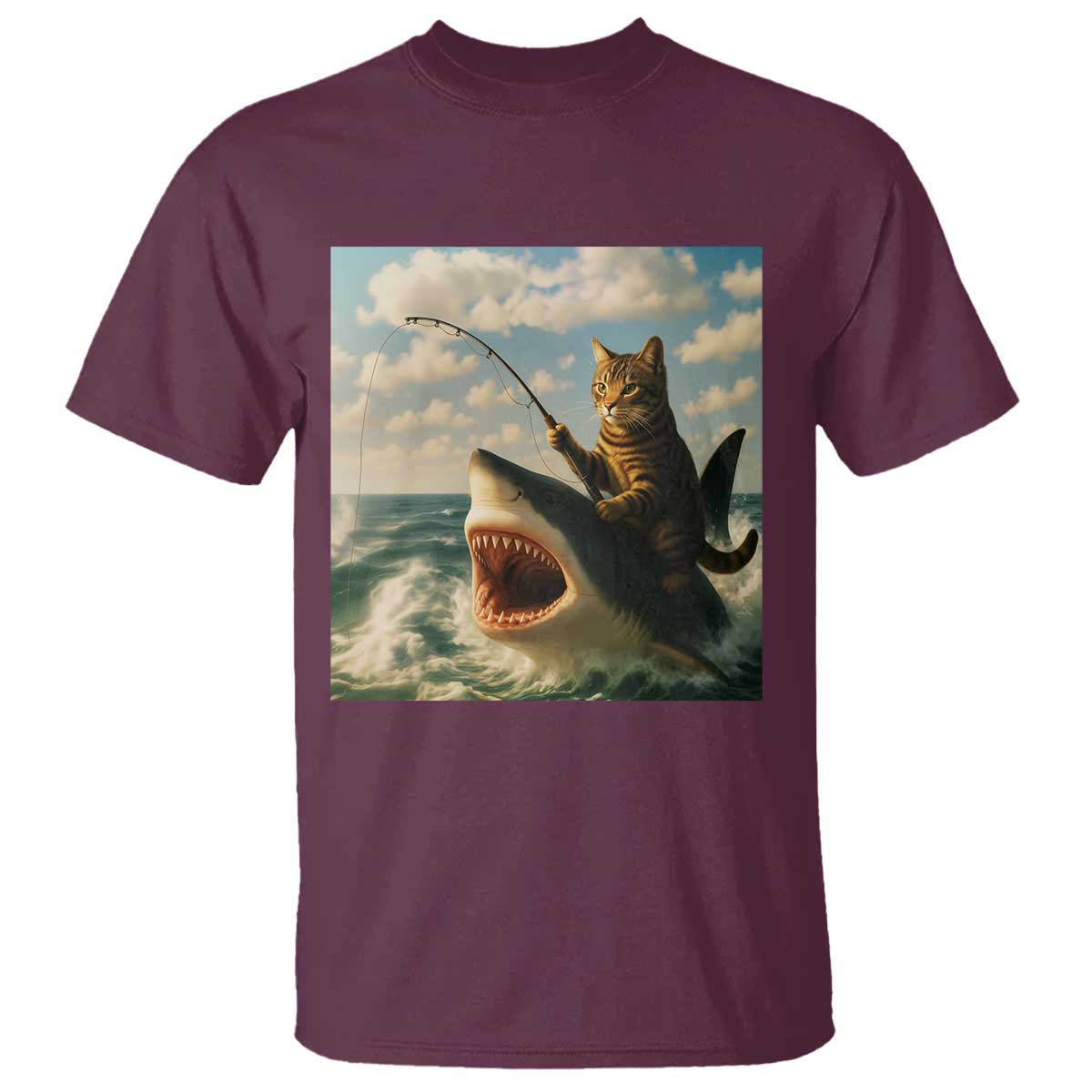 Funny Cat Riding Shark T Shirt Fishing Fisherman Ocean Lover Humor TS14 Maroon Print Your Wear