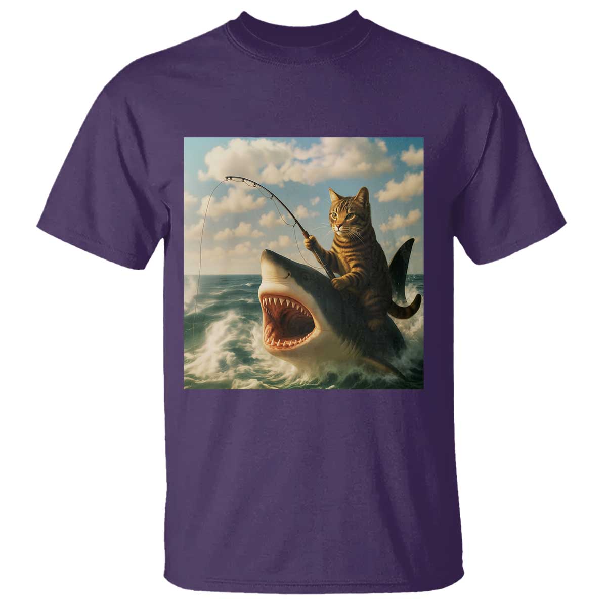 Funny Cat Riding Shark T Shirt Fishing Fisherman Ocean Lover Humor TS14 Purple Print Your Wear