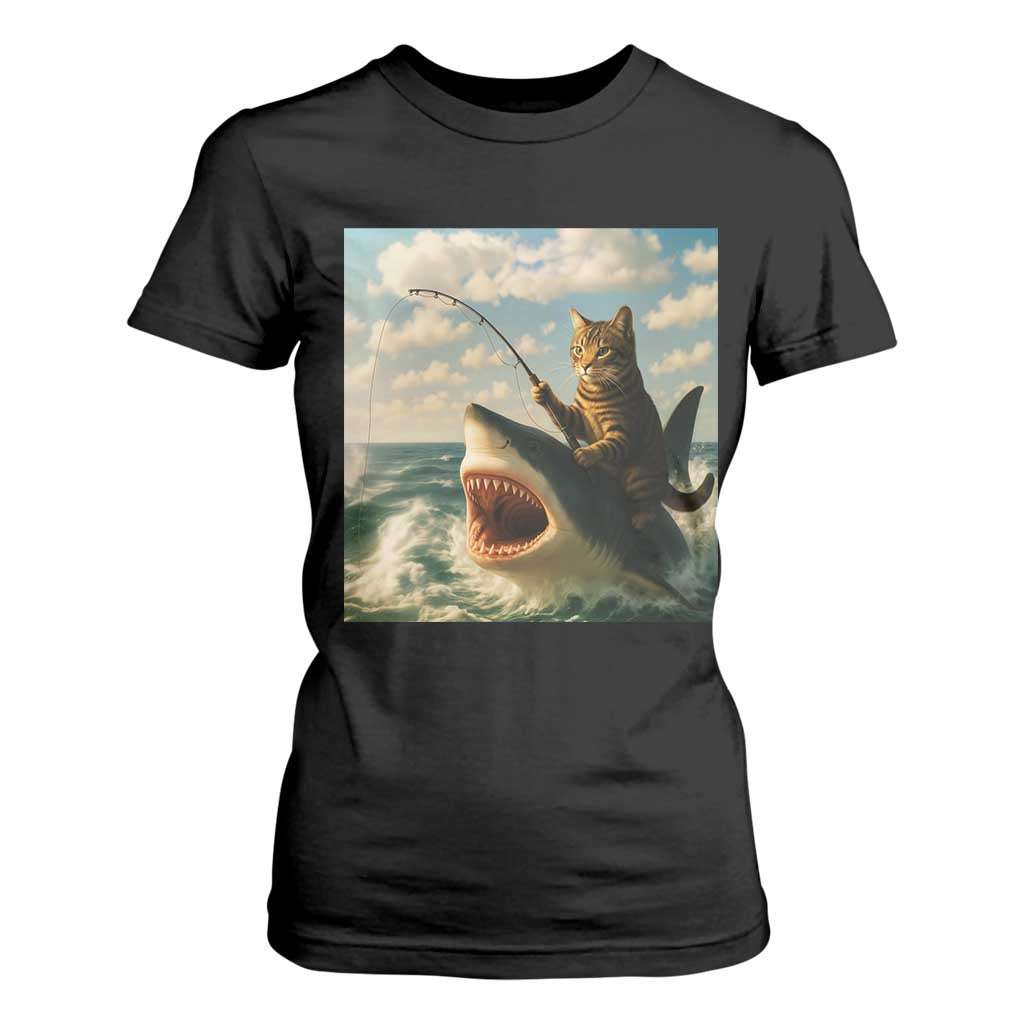 Funny Cat Riding Shark T Shirt For Women Fishing Fisherman Ocean Lover Humor TS14 Black Print Your Wear