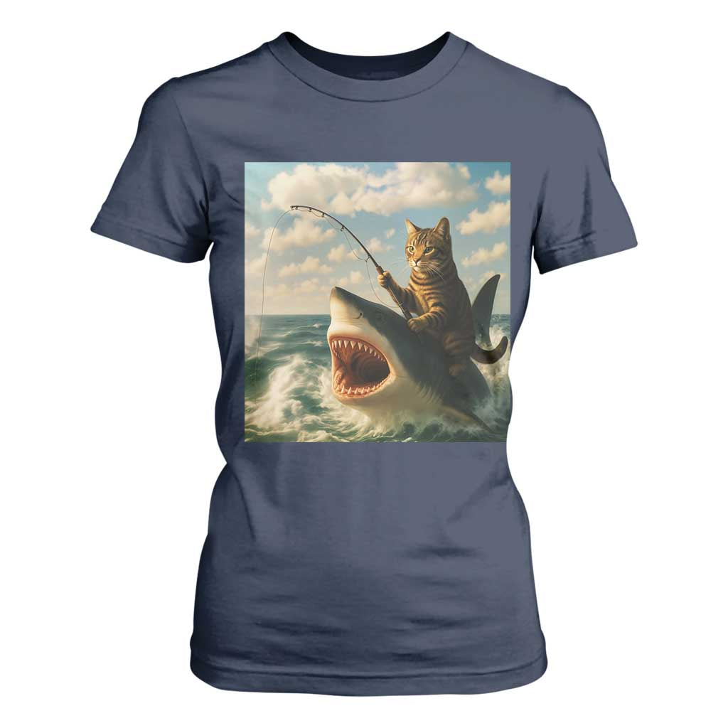Funny Cat Riding Shark T Shirt For Women Fishing Fisherman Ocean Lover Humor TS14 Navy Print Your Wear