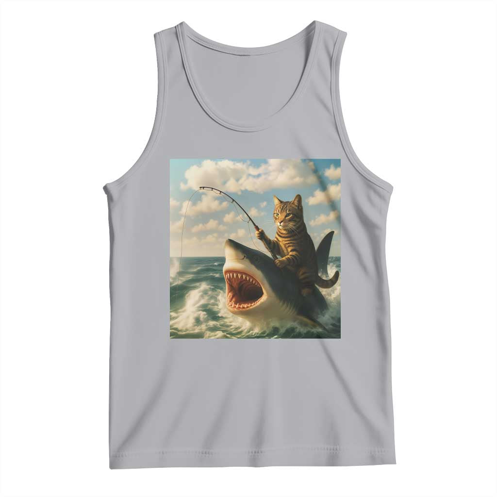 Funny Cat Riding Shark Tank Top Fishing Fisherman Ocean Lover Humor TS14 Athletic Heather Print Your Wear
