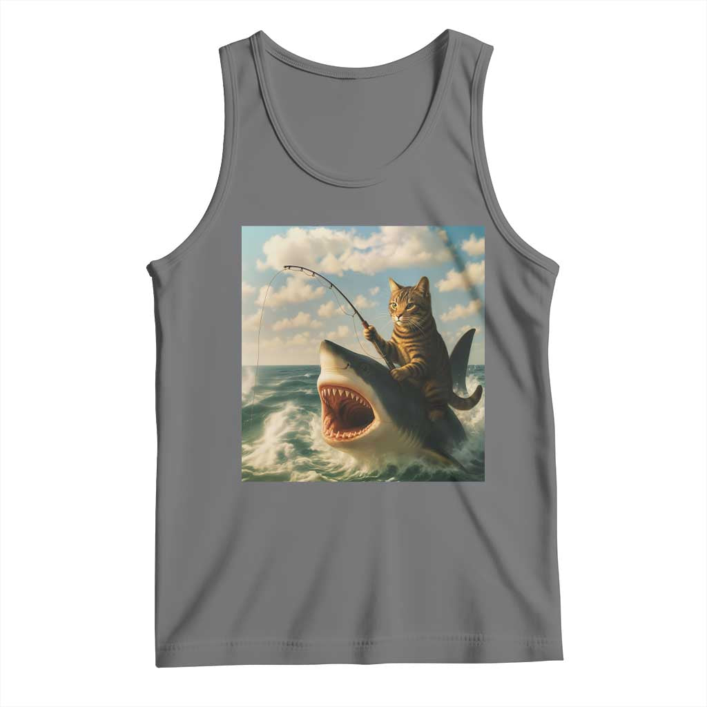 Funny Cat Riding Shark Tank Top Fishing Fisherman Ocean Lover Humor TS14 Black Heather Print Your Wear