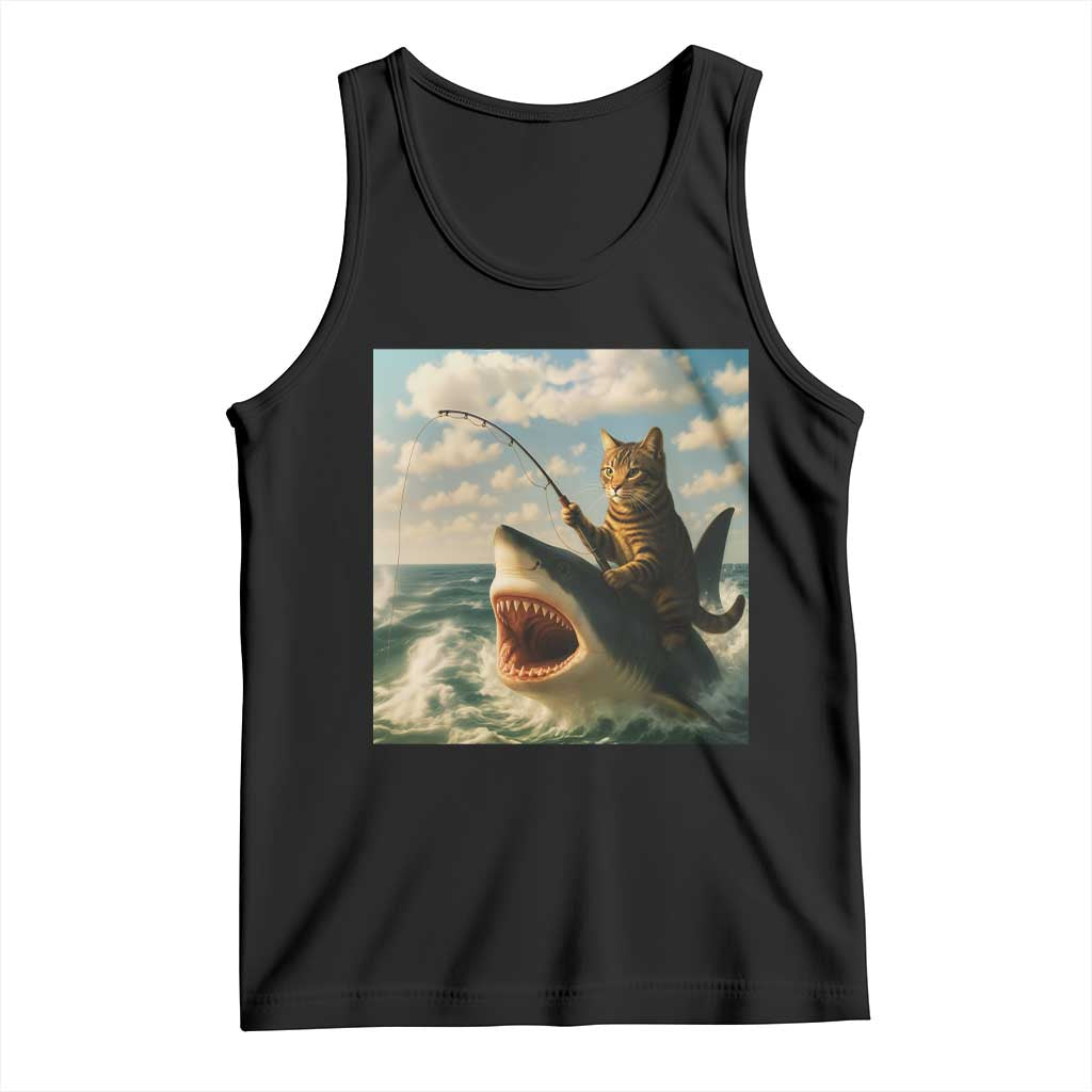 Funny Cat Riding Shark Tank Top Fishing Fisherman Ocean Lover Humor TS14 Black Print Your Wear